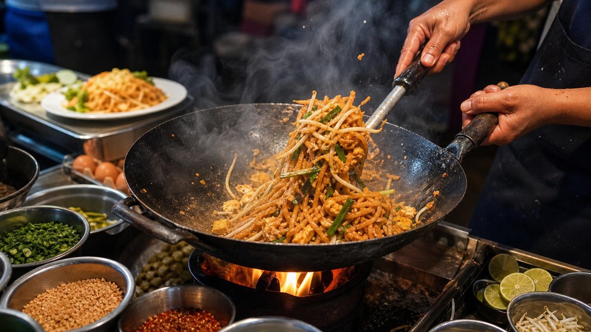 Close-up of a street vendor cooking pad thai on high heat, with the wok smoking and the noodles toss