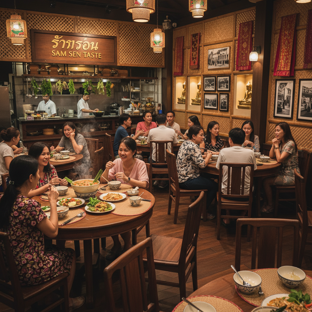 Interior of a traditional Thai restaurant at Samsen Center, showing wooden furniture, local Thai din