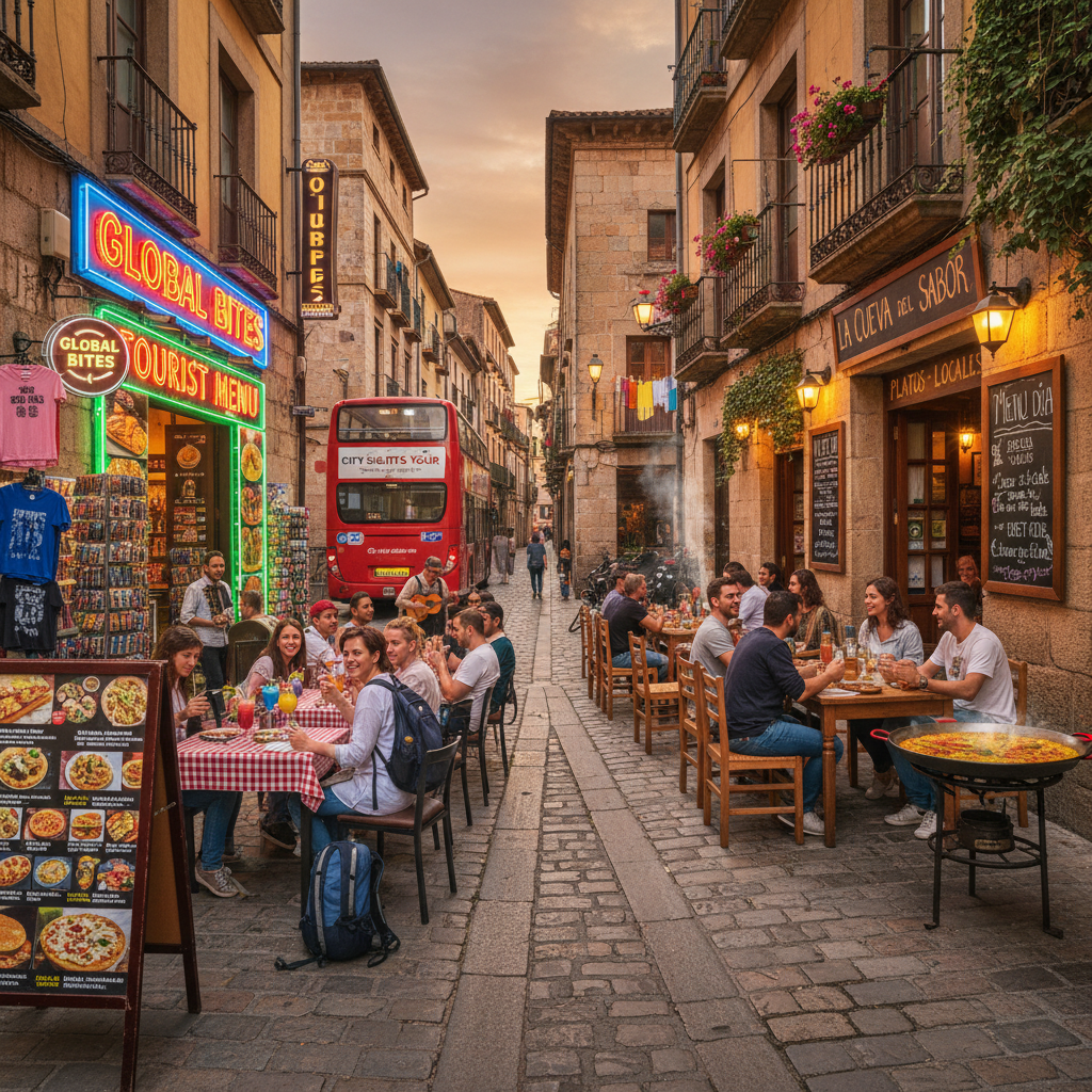 A street scene showing two restaurants side by side — one with tourist indicators and one with local
