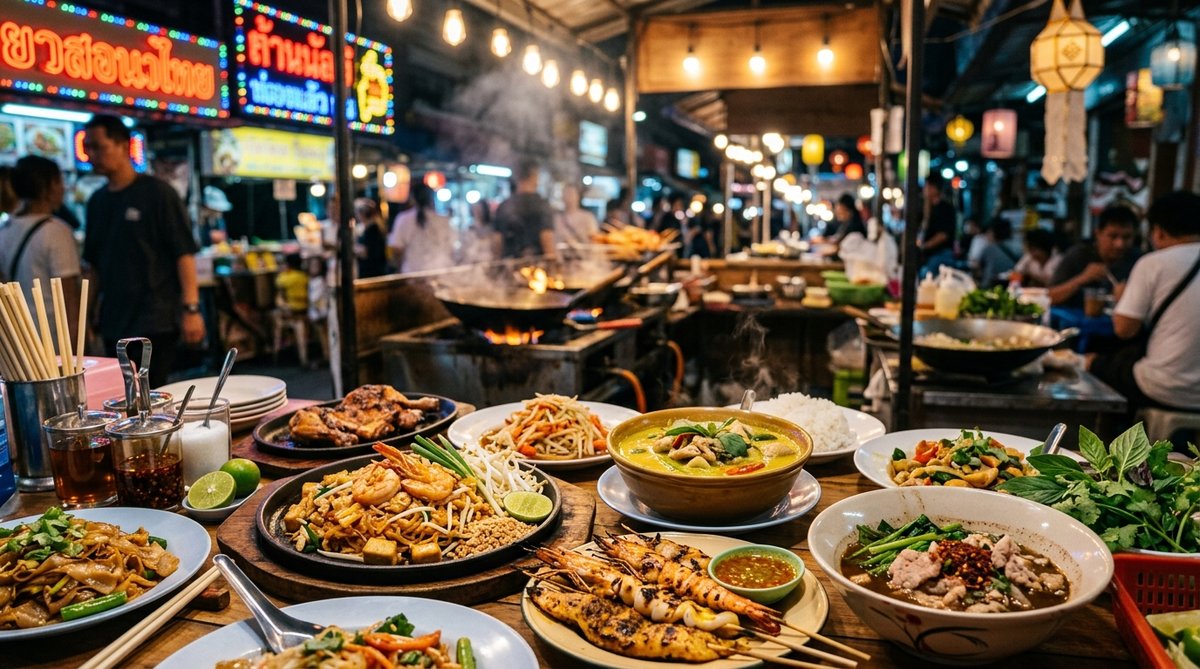 Thai late-night dishes — Pad Thai, curries, grilled seafood, noodles in night market setting, appeti