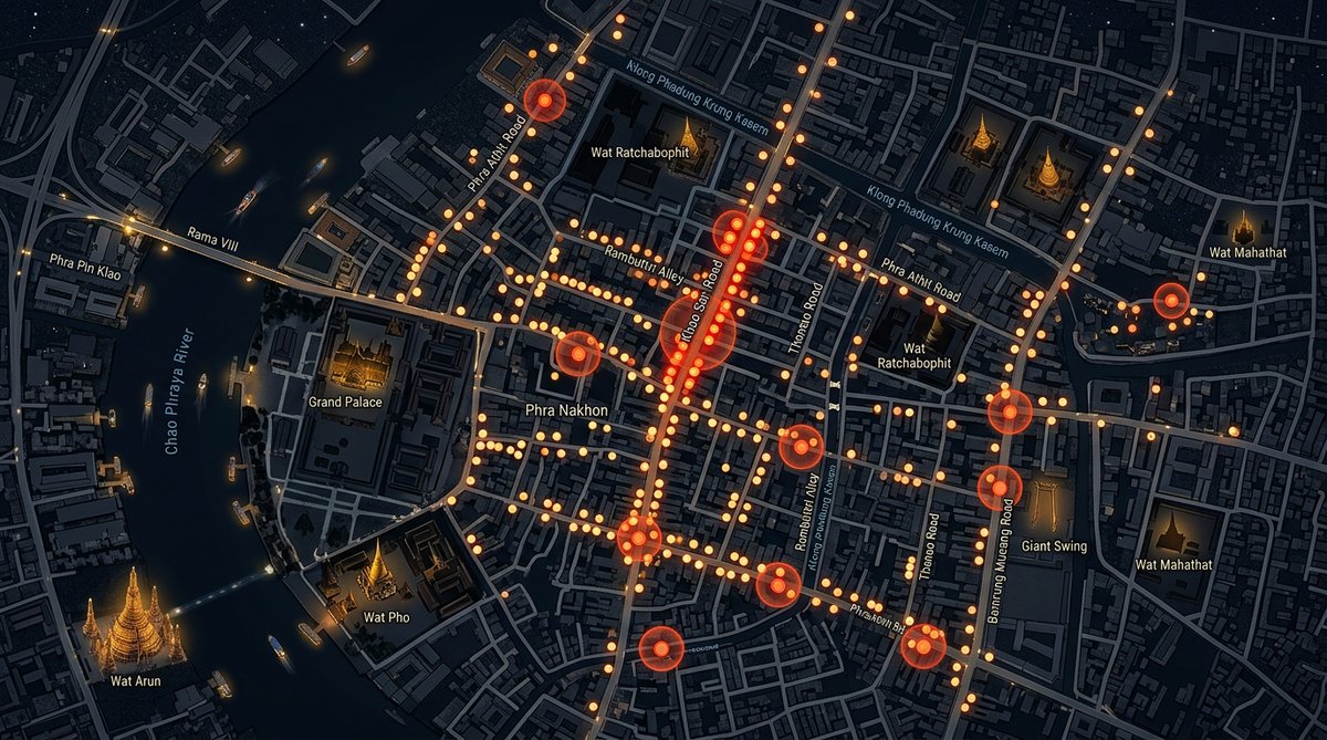 Map showing Bangkok Old Town area with late-night food spots marked, 1AM locations highlighted, no t