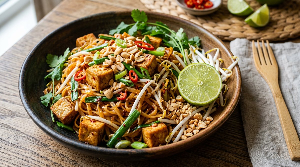 Vegan Pad Thai dish — tofu, bean sprouts, crushed peanuts, lime wedge, colorful and appetizing, no t