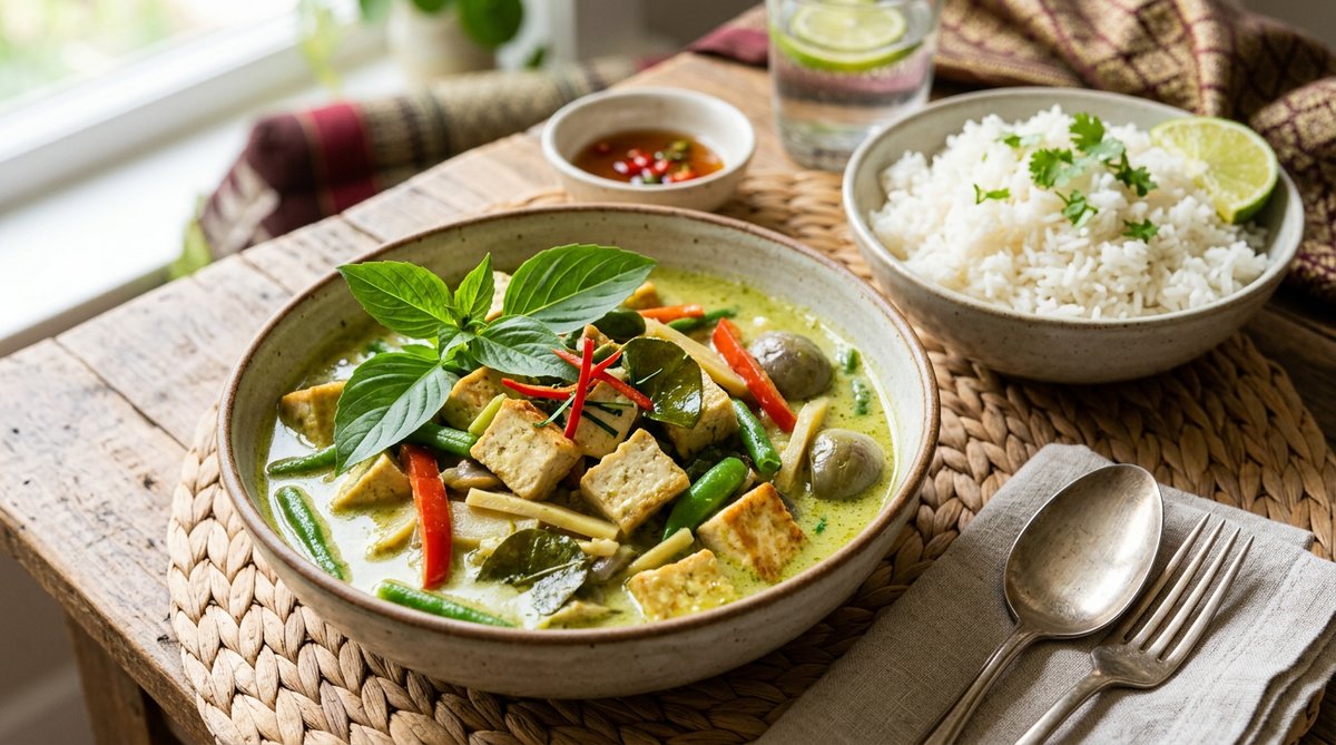 Thai green curry with tofu and vegetables, coconut milk base, fresh Thai basil, served with jasmine 