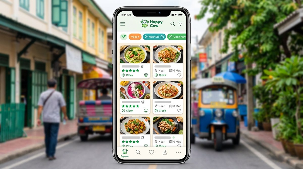Happy Cow app interface showing vegan restaurant listings in Bangkok Old Town, clean mobile UI desig