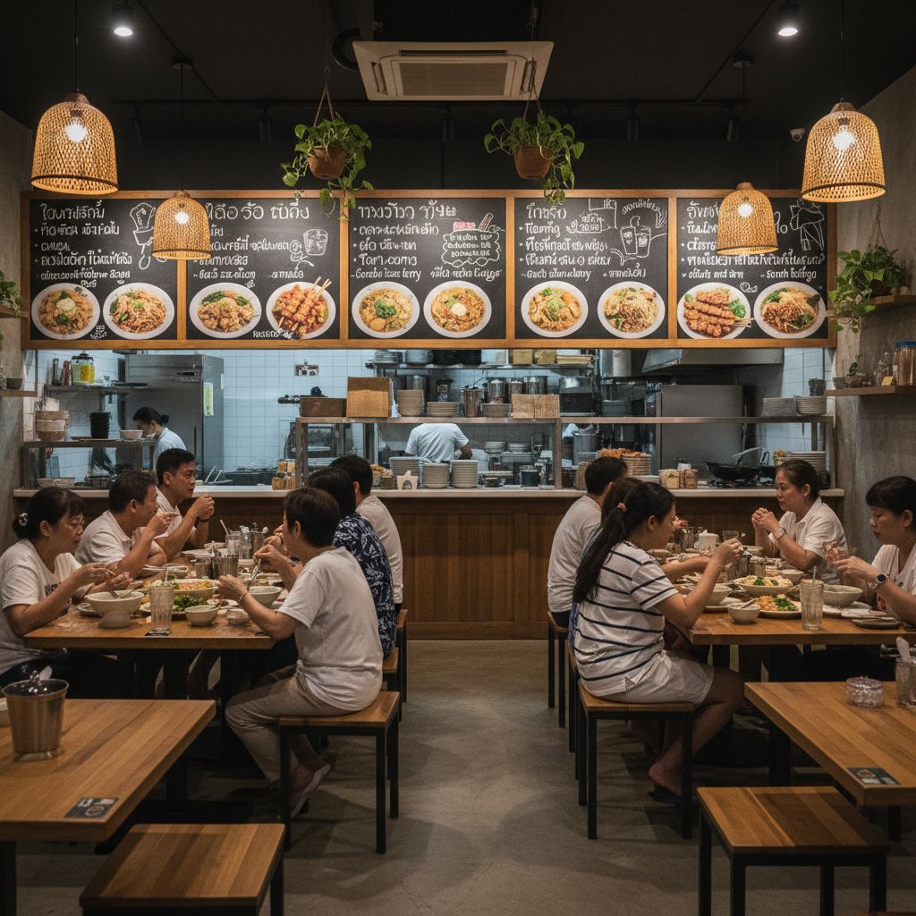 Traditional Thai dishes on rustic wooden table