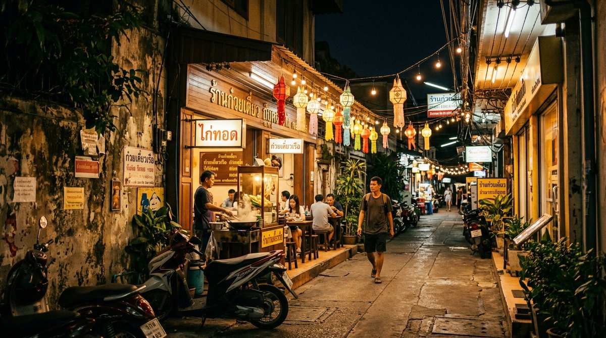 Looking down a quiet Bangkok soi at night, warm light spilling from open-front restaurants, motorbik