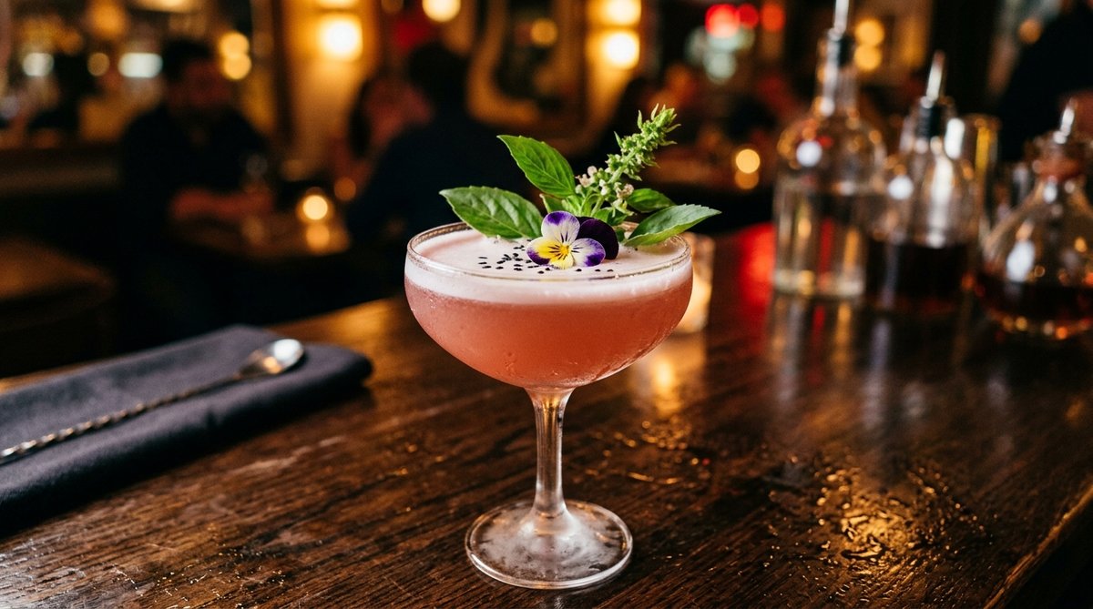Close-up of a beautifully garnished cocktail in a coupe glass, a sprig of Thai basil and a small edi