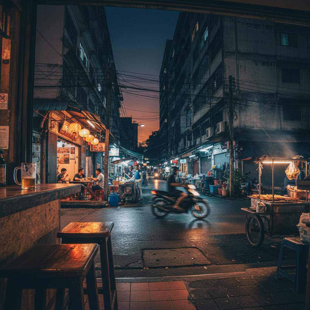 View from a bar stool looking out at a Bangkok soi at night, warm restaurant lights on the left, the