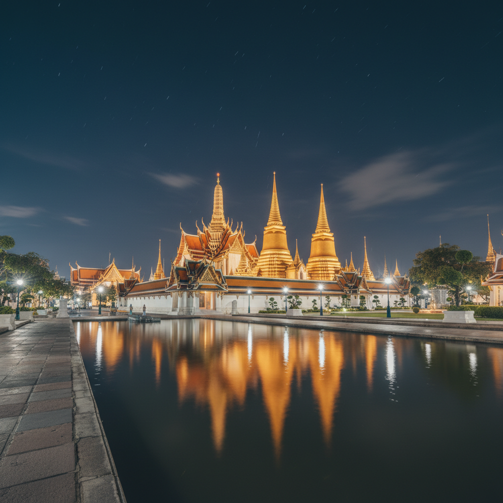 Illuminated golden spires of a Bangkok temple at night reflected in still water, long exposure creat