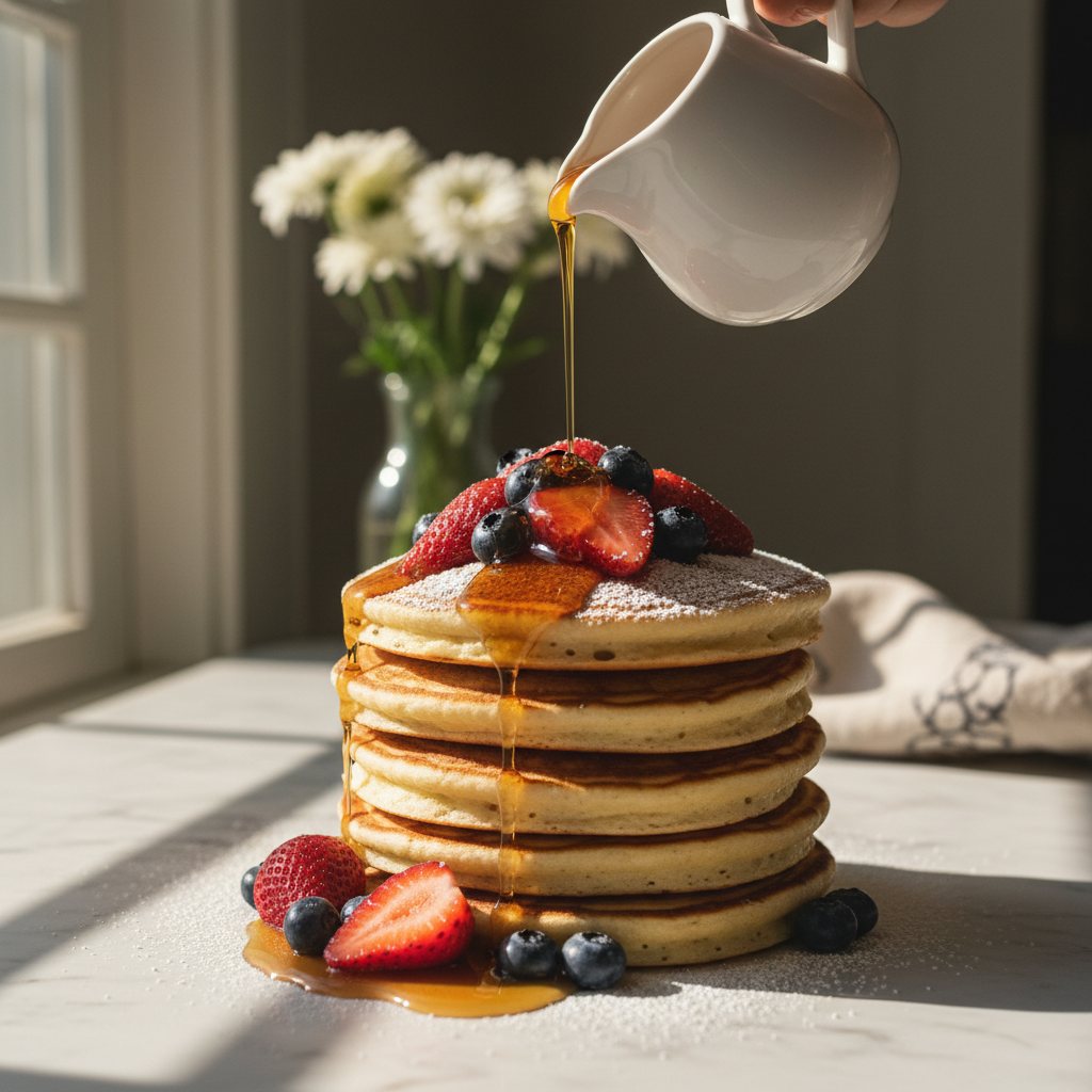 Luxurious stack of fluffy pancakes with fresh strawberries, blueberries, a dusting of powdered sugar