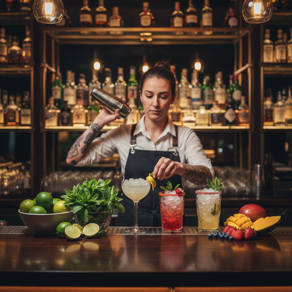 Cocktail being prepared at a stylish bar counter, fresh ingredients visible including lime, mint lea