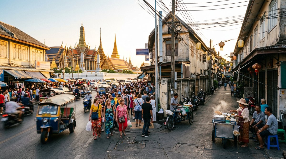 Wide-angle photo showing the contrast between busy tourist-packed streets near a temple and a quiete