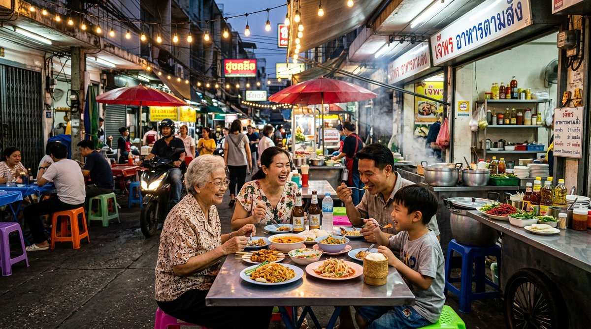 Vibrant street food scene in a Bangkok soi showing a local Thai family eating at a modest restaurant