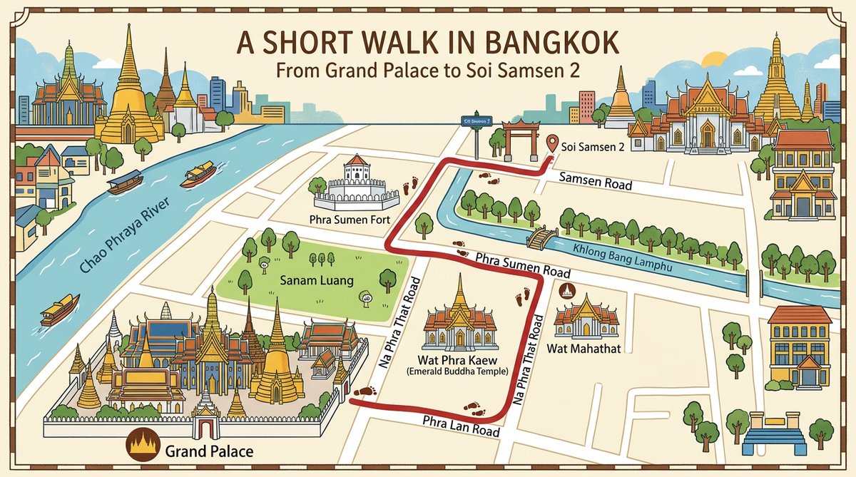 Simple illustrated-style map showing the walking route from Grand Palace to Soi Samsen 2, with key l