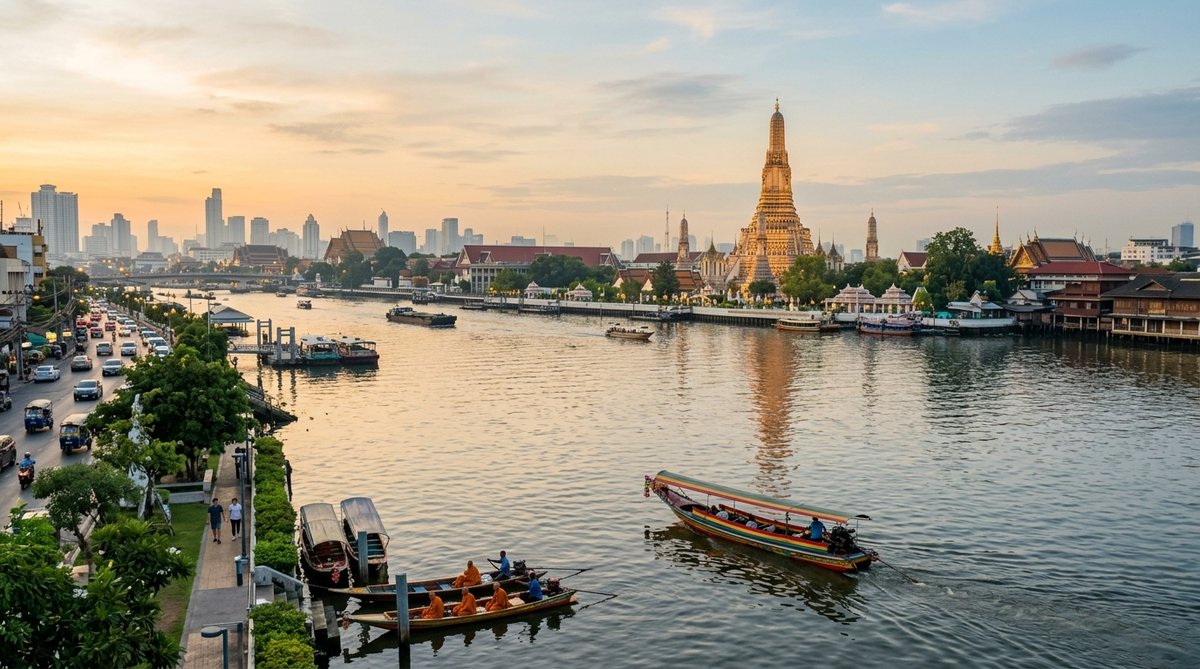 Scenic view of Bangkok's riverside with traditional boats, golden temple spires in the background, m
