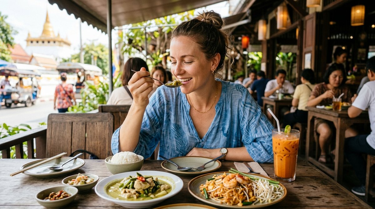 Practical travel photo showing a tourist eating comfortably at a restaurant table with Thai food, lo