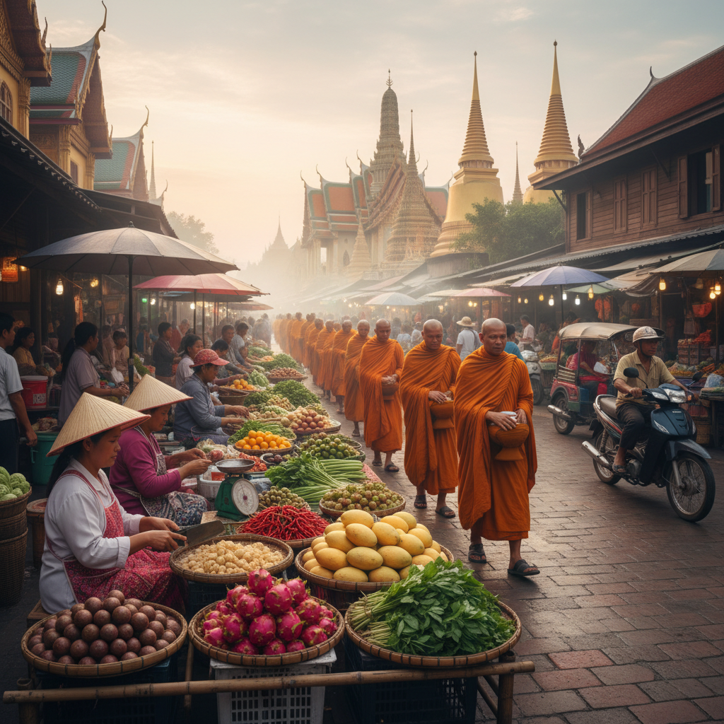 Vibrant morning market scene in Bangkok Old Town. Thai vendors arranging fresh produce including dra