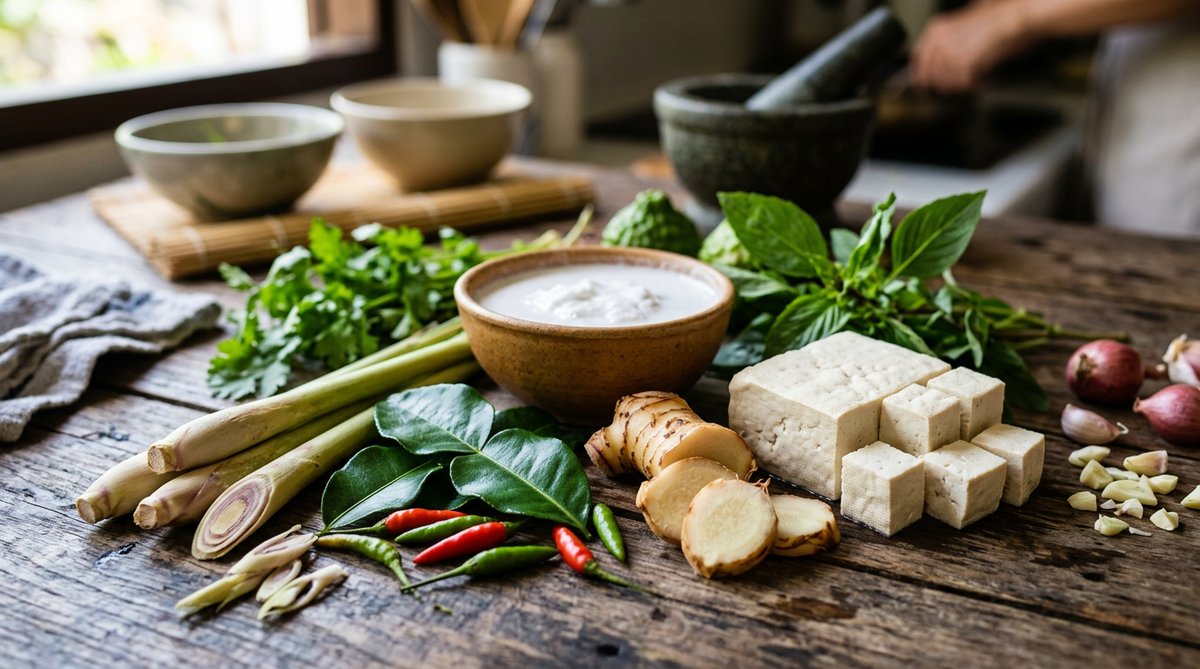 Close-up detail shot of Thai cooking ingredients on a preparation table: fresh lemongrass stalks, ka