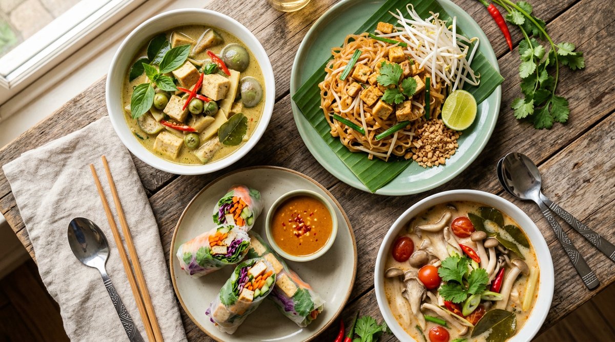 Arrangement of four classic Thai dishes made vegan, photographed from above. Vegan green curry in a 