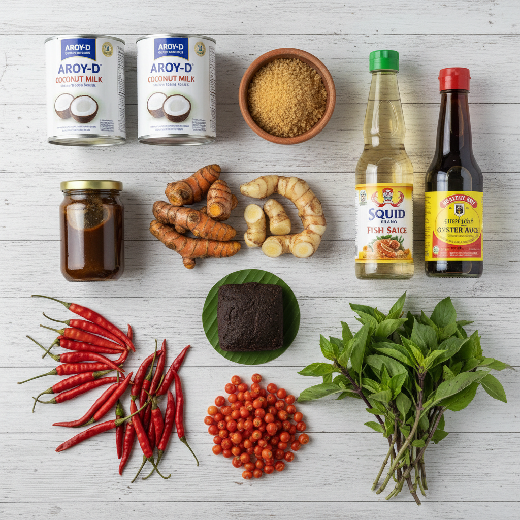 Organized arrangement of Thai cooking ingredients on a light surface: fresh turmeric root, galangal 