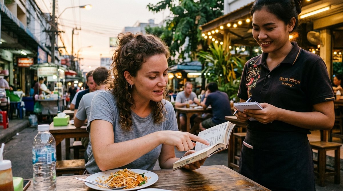 Practical travel scene showing a tourist consulting a phrase book at an outdoor Bangkok restaurant, 